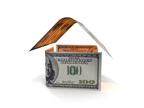 Huis gemaakt van contant geld geïsoleerd op een witte achtergrond. 3D render — Stockfoto