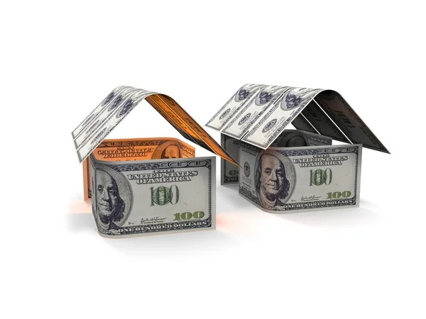 Huis gemaakt van contant geld geïsoleerd op een witte achtergrond. 3D render — Stockfoto