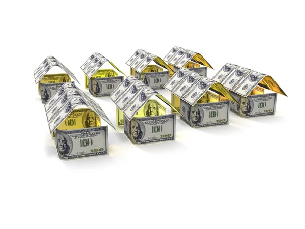 Casa hecha de dinero en efectivo aislado sobre fondo blanco. 3d renderizar — Foto de Stock