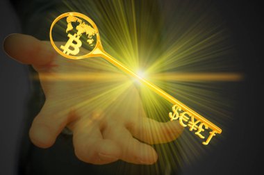 para birimi simgesi ve Bitcoin için altın anahtar