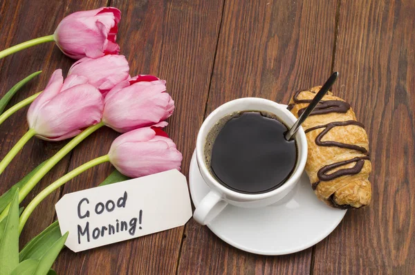 Cup of coffee, tulips, have a nice day massage — Stock Photo, Image
