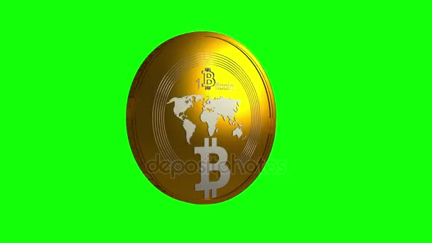 Girando Bitcoin sobre un fondo verde, animación en 3D bucle sin fisuras — Vídeo de stock