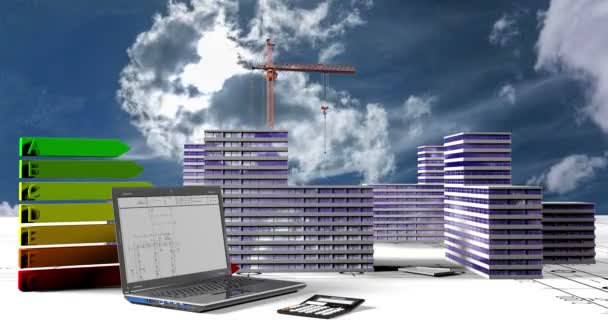 Elementi di costruzione, Costruzione di un microdistretto residenziale sullo sfondo di un time lapse nuvola, il concetto di edilizia, video loop — Video Stock