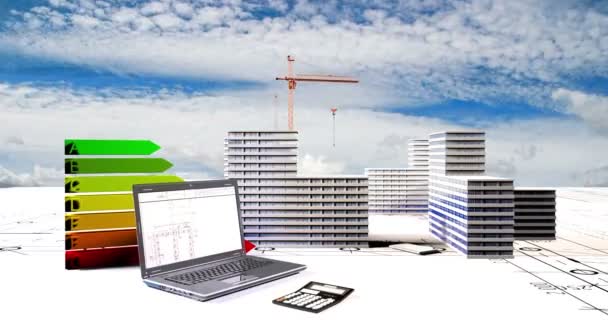 Elements of construction, Construction of a residential microdistrict in the background of a cloud time lapse, the concept of the construction industry, video loop — Stock Video