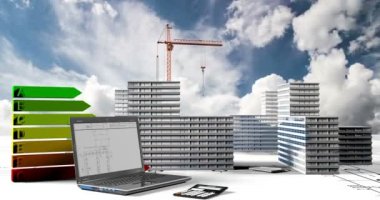 İnşaat, konut microdistrict bir bulut zaman atlamalı, İnşaat Sanayi, video döngü kavramı arka planda inşaatı unsurları