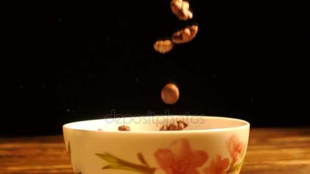 Cereali da colazione a base di mais che cadono in una ciotola, slow motion — Video Stock