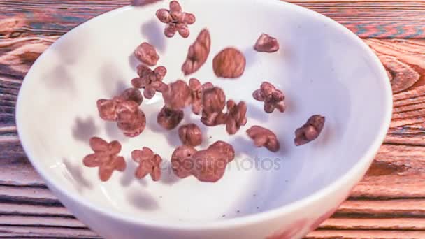 Cereali da colazione a base di mais che cadono in una ciotola, slow motion — Video Stock