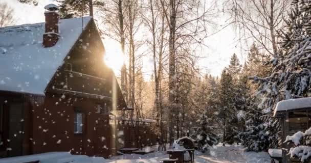 Snow night in the mountain - winter house — Stock Video