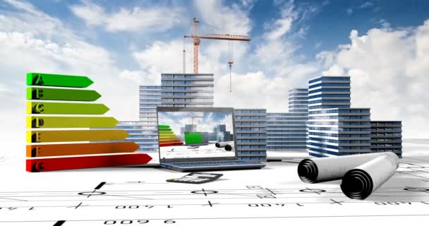 Elementos de la construcción, Construcción de un microdistrito residencial en el fondo de un lapso de tiempo en la nube, el concepto de la industria de la construcción, bucle de vídeo — Vídeos de Stock