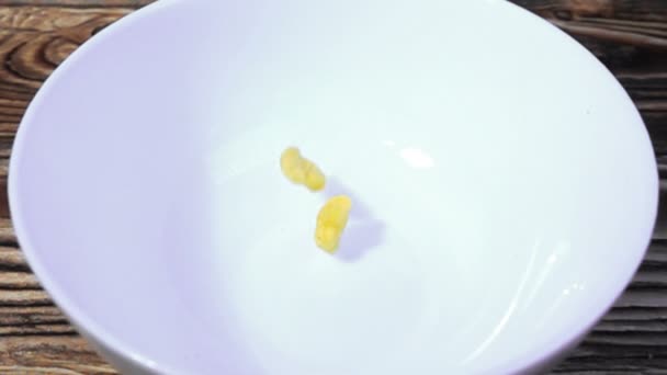 Corn frukostflingor faller i en skål, Slowmotion — Stockvideo