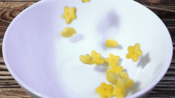 Corn breakfast cereals falling in a bowl, slow motion — Stock Video