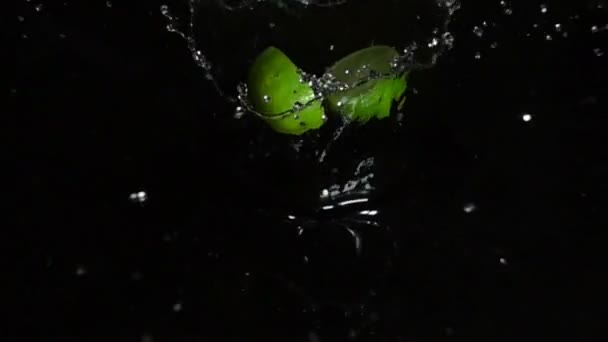 Лайм падает в воду, замедленная съемка — стоковое видео
