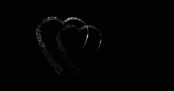 Два сердца появляются в виде линии мерцающих звезд, а затем превращаются в символ инь-янь на черном фоне — стоковое видео