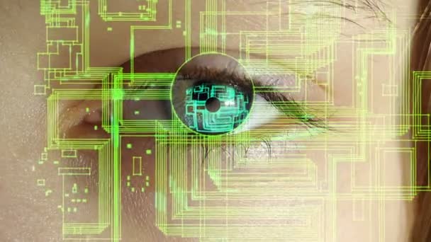 Het menselijk oog met de elektronische circuits en symbolen projecteren in het, het concept van toekomstige technologieën — Stockvideo