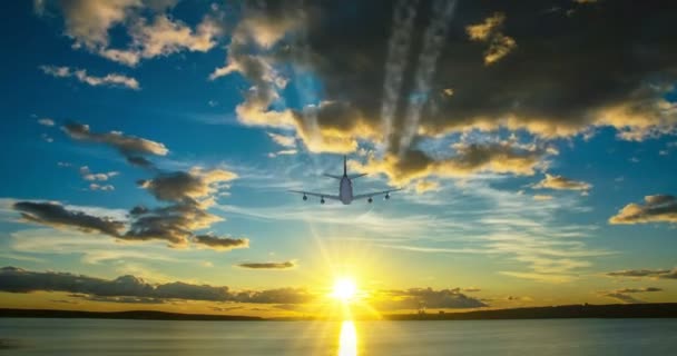 Flugzeuge fliegen am sonnigen, tagblauen Himmel vorbei. Videoschleife — Stockvideo