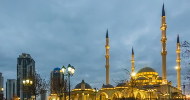 A view of the mosque of Akhmad Kadyrov, the city of Grozny, the capital of the Chechen Republic of the Russian Federation, — Stock Video