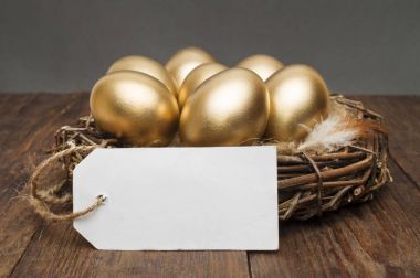 Bir etiket ve bir ahşap arka plan üzerinde metin için yer ile altın yumurta yuva. Başarılı emeklilik kavramı