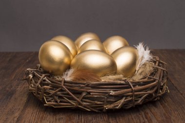Ahşap bir zemin üzerine altın yumurta yuva. Başarılı emeklilik kavramı