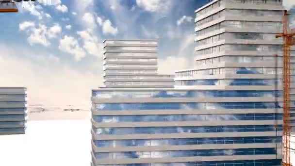 Delar av konstruktionen, byggandet av en bostads microdistrict i bakgrunden av en cloud tid förflutit, begreppet byggbranschen — Stockvideo