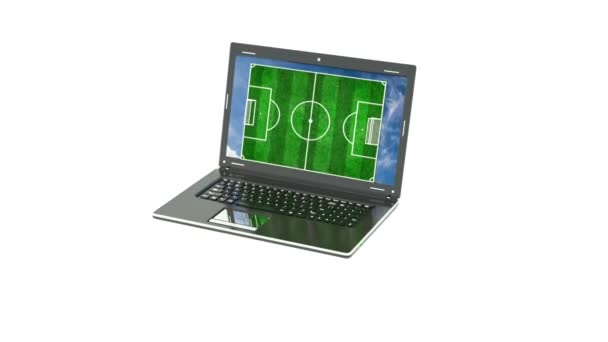 Fotbollsplanen visas från den bärbara skärmen, begreppet online fotboll sändningar, online fotbollsspel och fotboll i allmänhet — Stockvideo