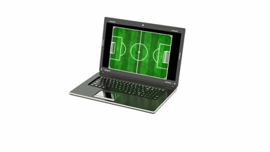 Futbol sahası dizüstü bilgisayar ekranında, online futbol yayınlarını, online futbol oyunları ve futbol kavramı genel olarak görünür