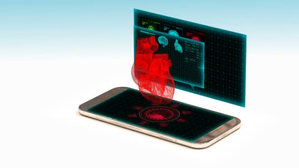 Смартфон проектирует голограмму человеческого сердца, концепцию развития технологий в медицине — стоковое видео