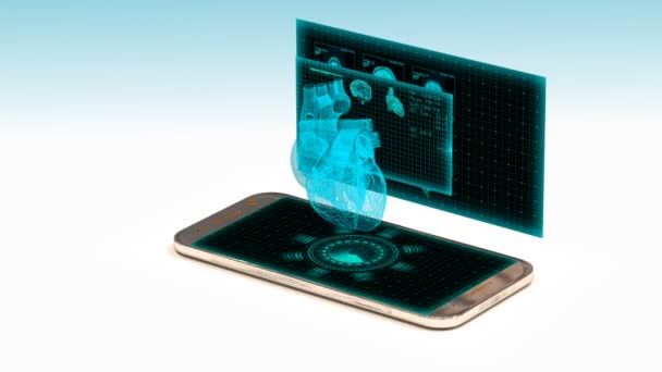 Smartphone bir hologram insan kalp, tıpta teknoloji geliştirme kavramı projeler — Stok video