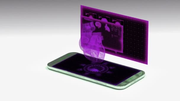 Smartphone projeta um holograma do coração humano, o conceito de desenvolvimento de tecnologia em medicina — Vídeo de Stock