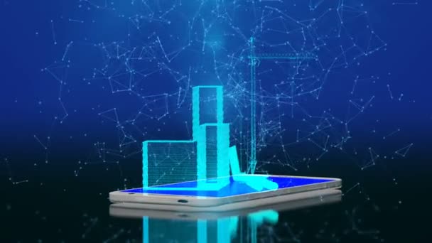 Elementos de construcción en la pantalla del teléfono inteligente, el concepto de introducción de tecnologías en la industria de la construcción — Vídeos de Stock