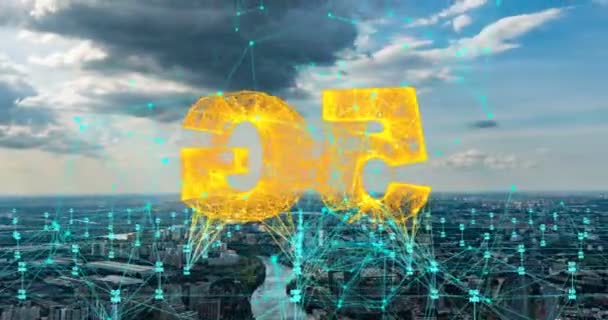 Πόλη hyperlapse Εναέρια πόλη συνδέεται μέσω 5g. Cloud computing icons technology concept, ασύρματο δίκτυο, κινητή τεχνολογία και επικοινωνία δεδομένων, τεχνητή νοημοσύνη, internet, 4k — Αρχείο Βίντεο