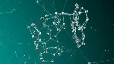 Moleküler bileşiğin hareketi pleksus yapısının etrafında dönen parçacıklar tarafından oluşturuldu. Çizgiler ve noktalarla soyut geometrik arkaplan. Gelecek ve teknoloji sahnesi. 3d canlandırma.