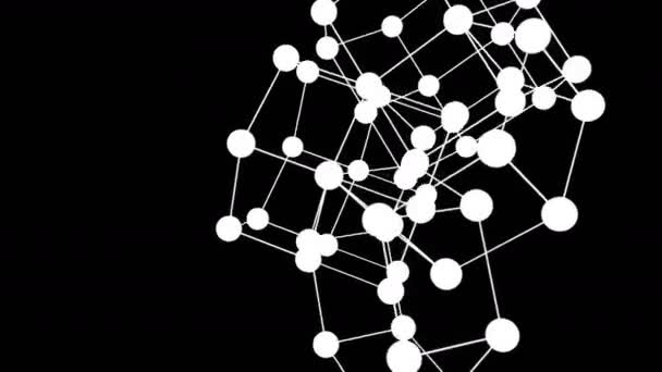 Moleküler bileşiğin hareketi pleksus yapısının etrafında dönen parçacıklar tarafından oluşturuldu. Çizgiler ve noktalarla soyut geometrik arkaplan. Gelecek ve teknoloji sahnesi. 3d canlandırma. — Stok video