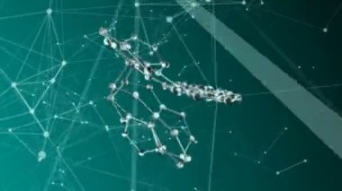 Moleküler bileşiğin hareketi pleksus yapısının etrafında dönen parçacıklar tarafından oluşturuldu. Çizgiler ve noktalarla soyut geometrik arkaplan. Gelecek ve teknoloji sahnesi. 3d canlandırma.