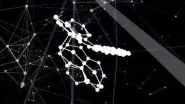 Moleküler bileşiğin hareketi pleksus yapısının etrafında dönen parçacıklar tarafından oluşturuldu. Çizgiler ve noktalarla soyut geometrik arkaplan. Gelecek ve teknoloji sahnesi. 3d canlandırma.