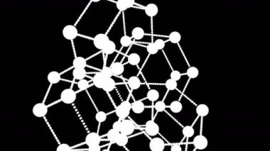 Moleküler bileşiğin hareketi pleksus yapısının etrafında dönen parçacıklar tarafından oluşturuldu. Çizgiler ve noktalarla soyut geometrik arkaplan. Gelecek ve teknoloji sahnesi. 3d canlandırma.