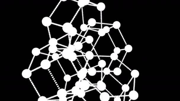 Движение молекулярного соединения, образованного вращающимися частицами со структурой сплетения вокруг. Абстрактный геометрический фон с линиями и точками. Футуристическая и технологическая сцена. 3d анимация . — стоковое видео