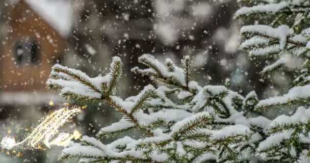 Weihnachtlich geschmückter Baum mit flackernden Lichtern bei Schneefall und Waldhintergrund, Winterurlaub 4k Animation. — Stockvideo