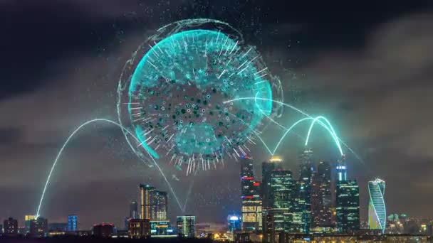 スマートシティと通信ネットワークの概念。電気通信の未来的な要素と夜の都市の時間の経過。電気通信分野におけるハイテクの概念 — ストック動画