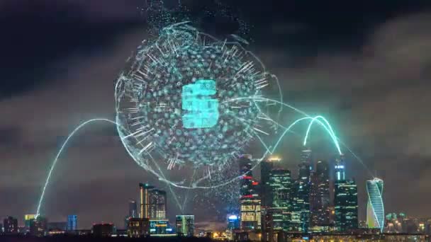 Smart city and communication network concept. Evening city time lapse with futuristic elements of telecommunications. The concept of high technology in the field of telecommunications — Stock Video