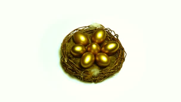 Goldene Eier im Vogelnest, mit Banknoten, Anlagekonzept, Altersvorsorge — Stockvideo