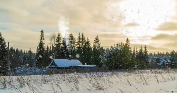 Trähus i vinterskogen. Vackert vinterlandskap, vackert snöfall. Tidsförskjutning, videoloop — Stockvideo