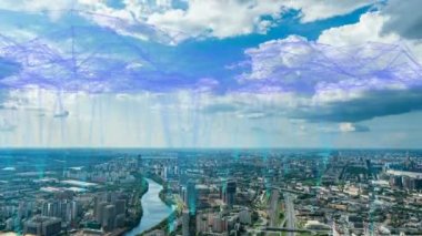 Hava şehri 5G ile bağlandı. Kablosuz ağ, mobil teknoloji konsepti, veri iletişimi, bulut hesaplama, yapay zeka, internet gibi şeyler. Gelecekçi şehir. Video döngüsü. Moskova