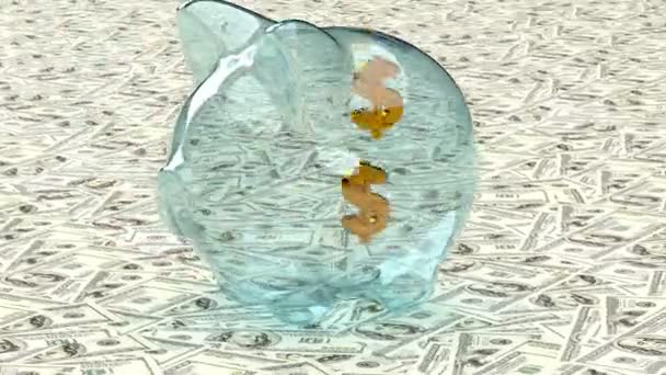 Символы золотого доллара падают в стеклянную копилку на фоне бумажных долларовых купюр. 3D анимация — стоковое видео