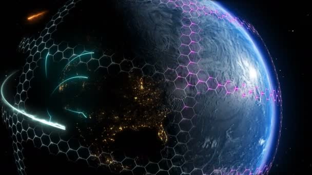 Planeet Aarde, met holografische elementen van communicatiemedia, kaarten en texturen geleverd Nasa — Stockvideo