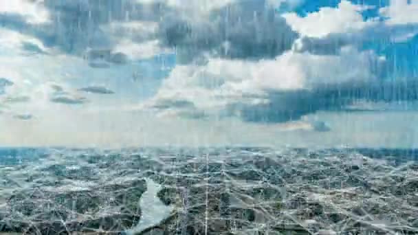 Летний дневной пейзаж с футуристическими элементами телекоммуникаций, концепция "умного города", Москва летом с воздуха — стоковое видео