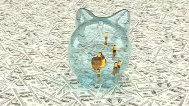 Los símbolos del dólar de oro caen en una alcancía de vidrio sobre un fondo de billetes de dólar de papel. Animación 3D — Vídeos de Stock