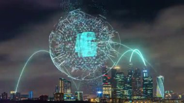 Akşamları telekomünikasyon, akıllı şehir kavramı, iletişim ve veri aktarımı gibi fütüristik unsurlara sahip şehir manzarasının zaman aşımı