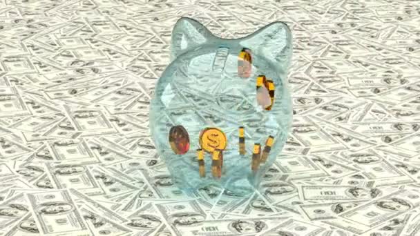 Golden dollar symbols fall into a glass piggy bank on a background of paper dollar bills. 3D animation — Stock Video