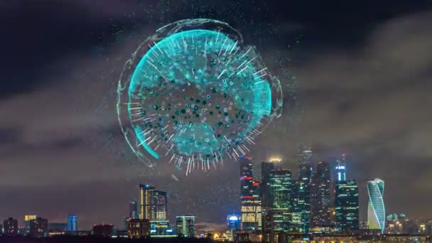 Time lapse of evening cityscape with futuristic elements of telecommunications, concept of smart city, communications and data transmission — Stock Video