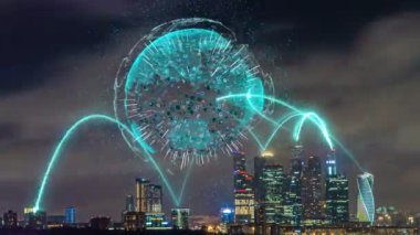 Akşamları telekomünikasyon, akıllı şehir kavramı, iletişim ve veri aktarımı gibi fütüristik unsurlara sahip şehir manzarasının zaman aşımı